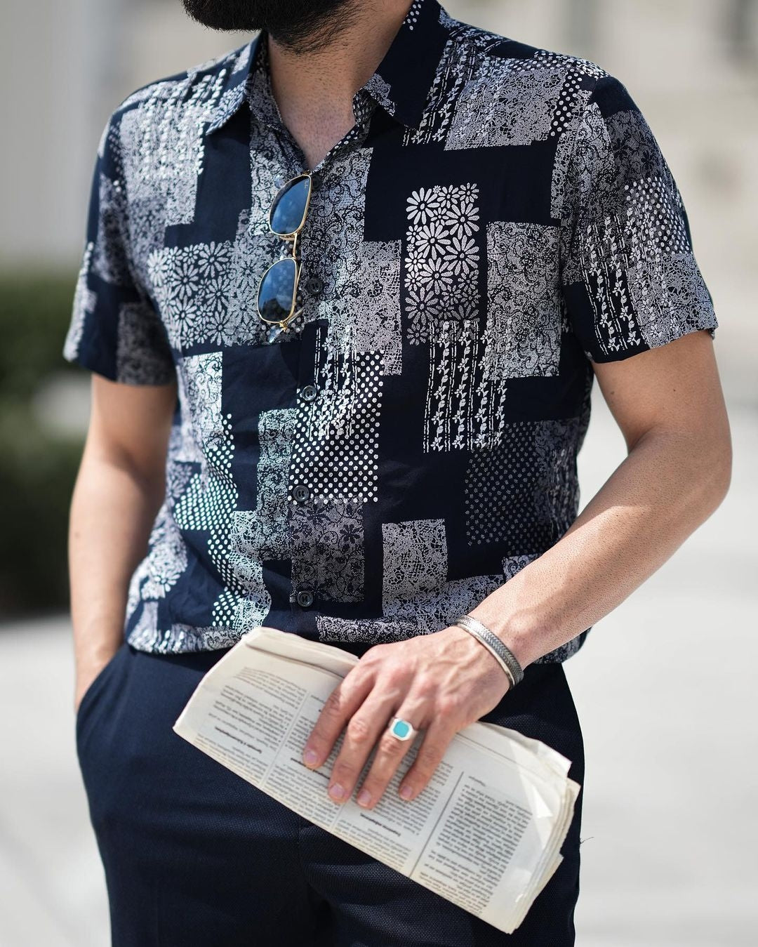 Chemise boutonnée à manches courtes pour homme Patchwork imprimé marguerite florale vintage rétro vacances