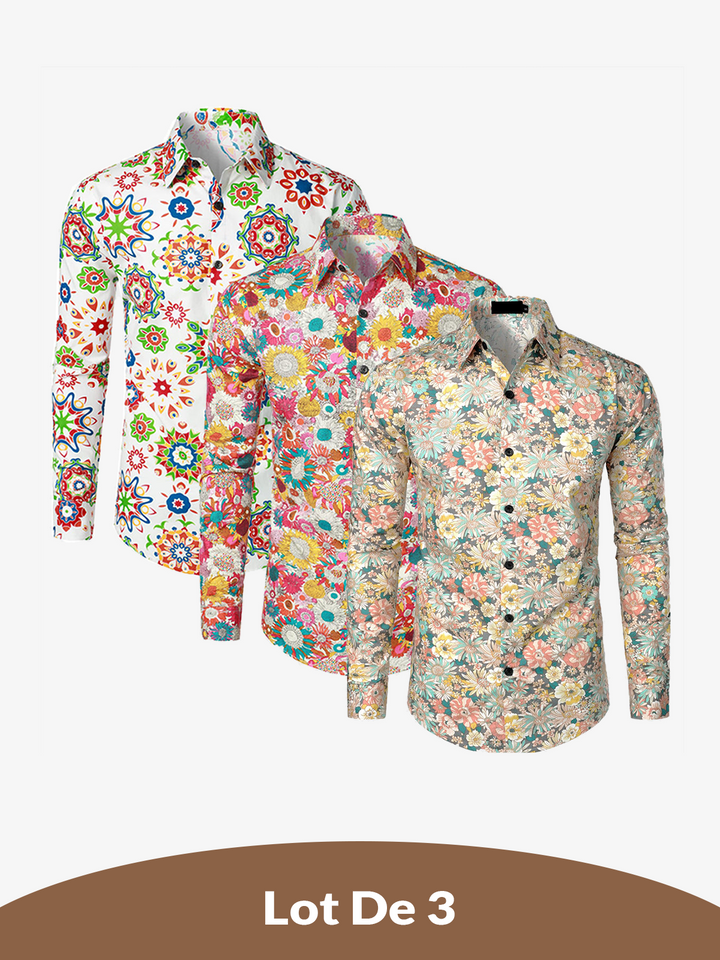 Lot de 3 |Chemise habillée à manches longues boutonnée en coton floral respirant pour hommes