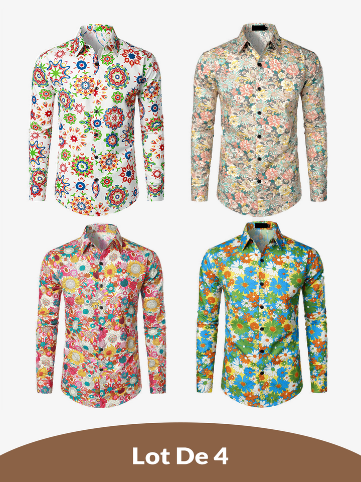 Lot de 4 |Chemise habillée à manches longues boutonnée en coton floral respirant pour hommes