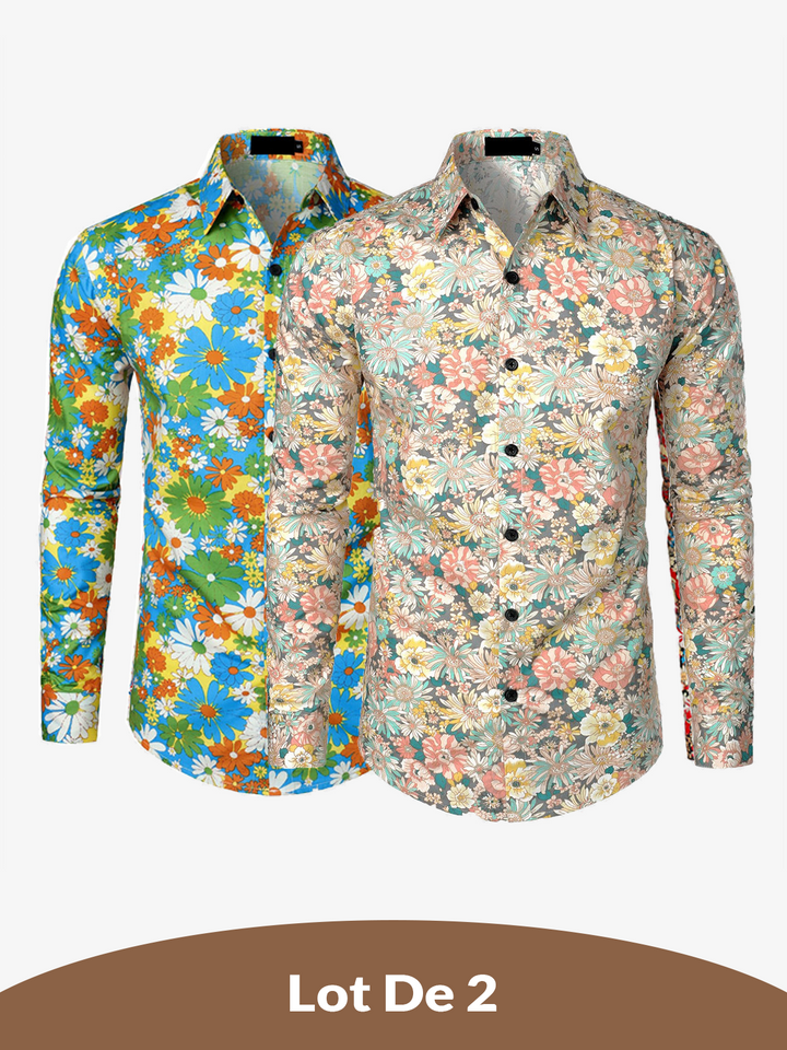 Lot de 2 |Chemise habillée à manches longues boutonnée en coton floral respirant pour hommes