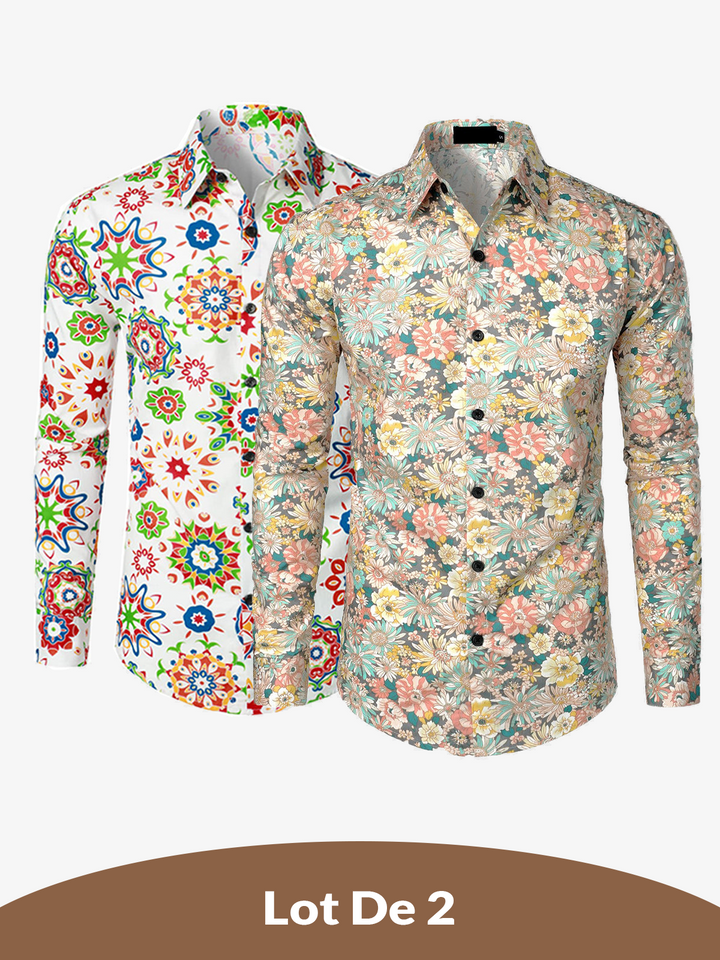 Lot de 2 |Chemise habillée à manches longues boutonnée en coton floral respirant pour hommes