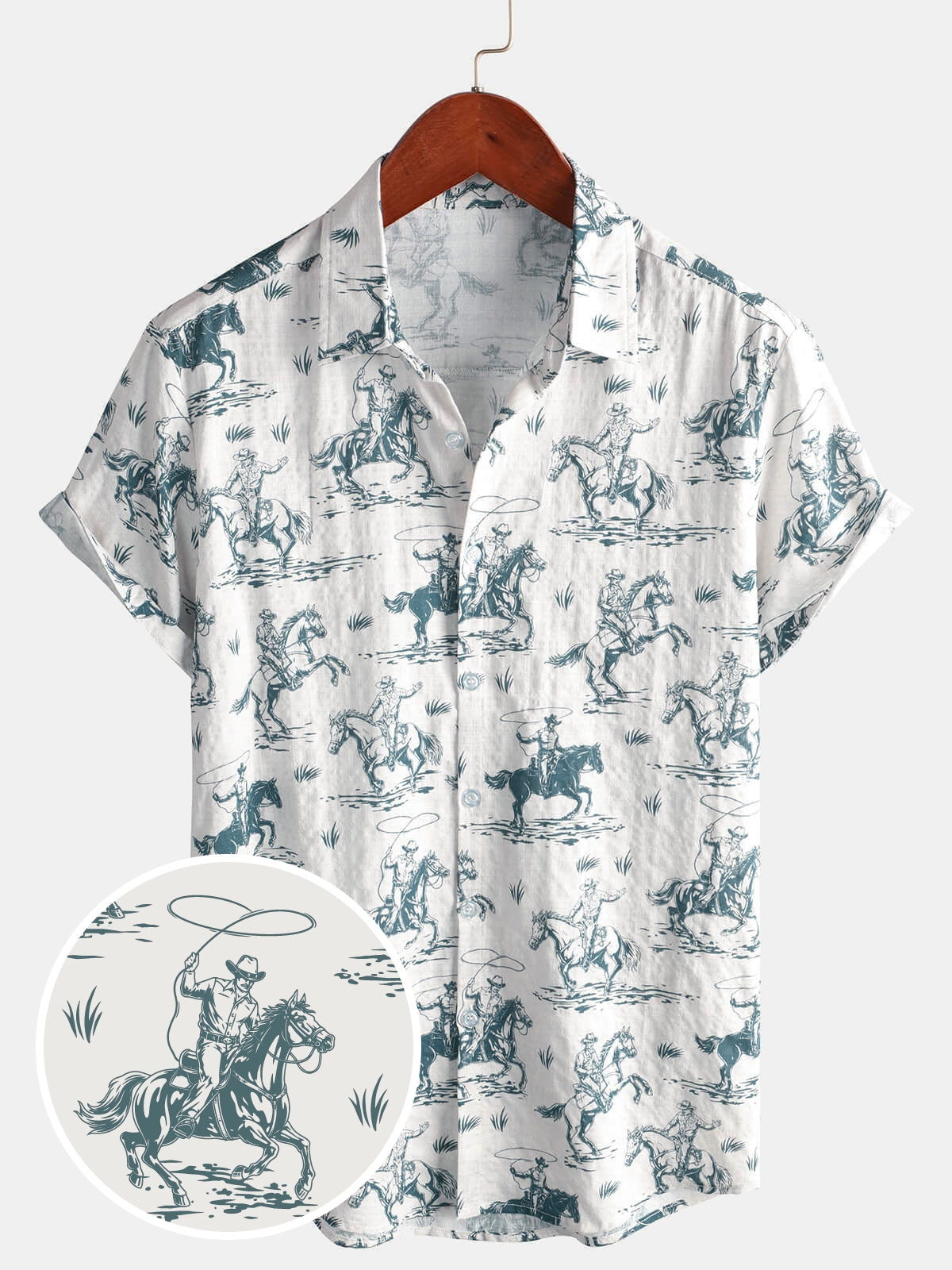 Chemise Homme Imprimée Cheval, Boutons, Manches Courtes pour Vacances