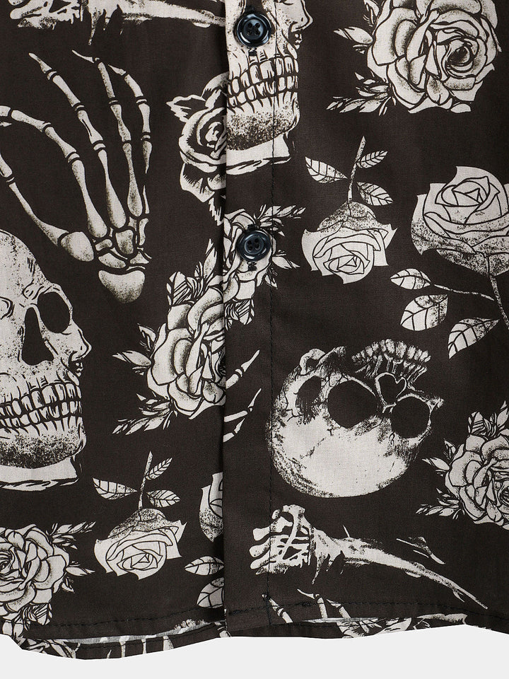 Chemise boutonnée cool à imprimé floral de crânes roses pour homme, style punk rock and roll