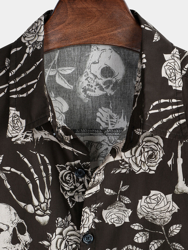 Chemise boutonnée Cool Skull Rose Floral Punk Rock and Roll pour hommes