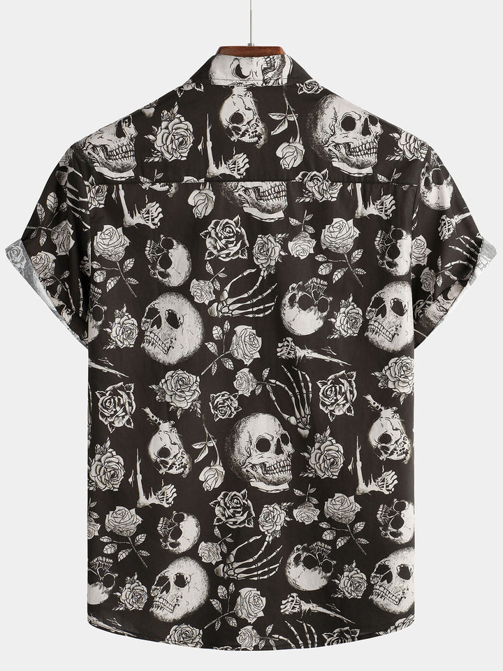 Chemise boutonnée Cool Skull Rose Floral Punk Rock and Roll pour hommes