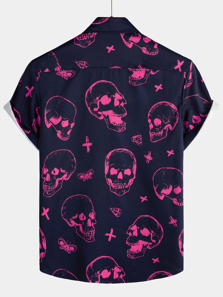 Chemise hawaïenne Aloha à manches courtes pour hommes, imprimé tête de mort rose, bouton graphique artistique