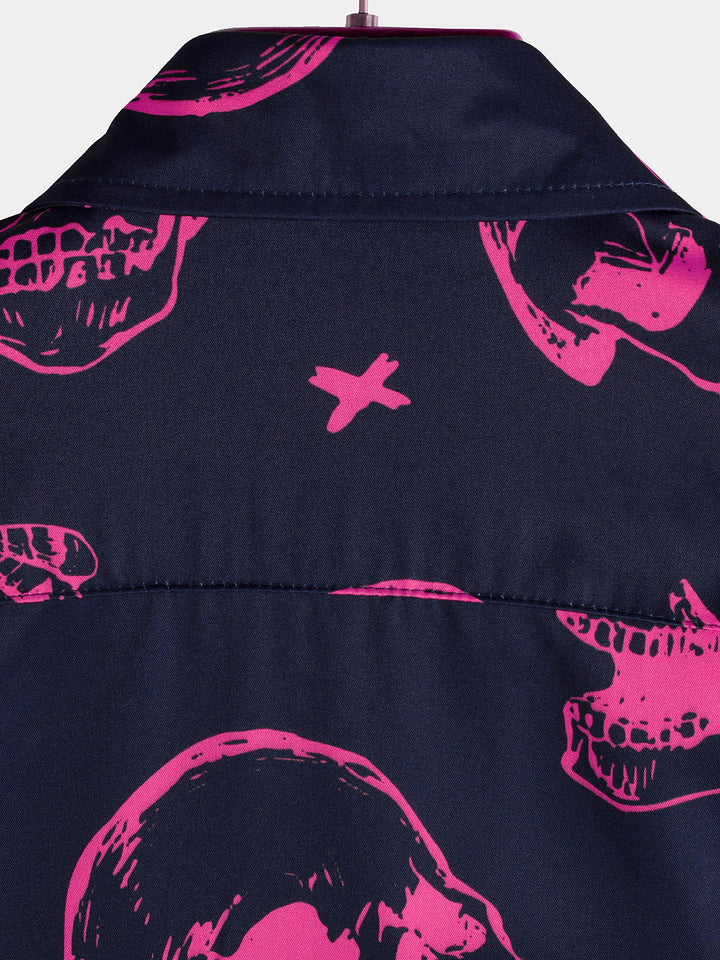 Chemise hawaïenne Aloha à manches courtes pour hommes, imprimé tête de mort rose, bouton graphique artistique