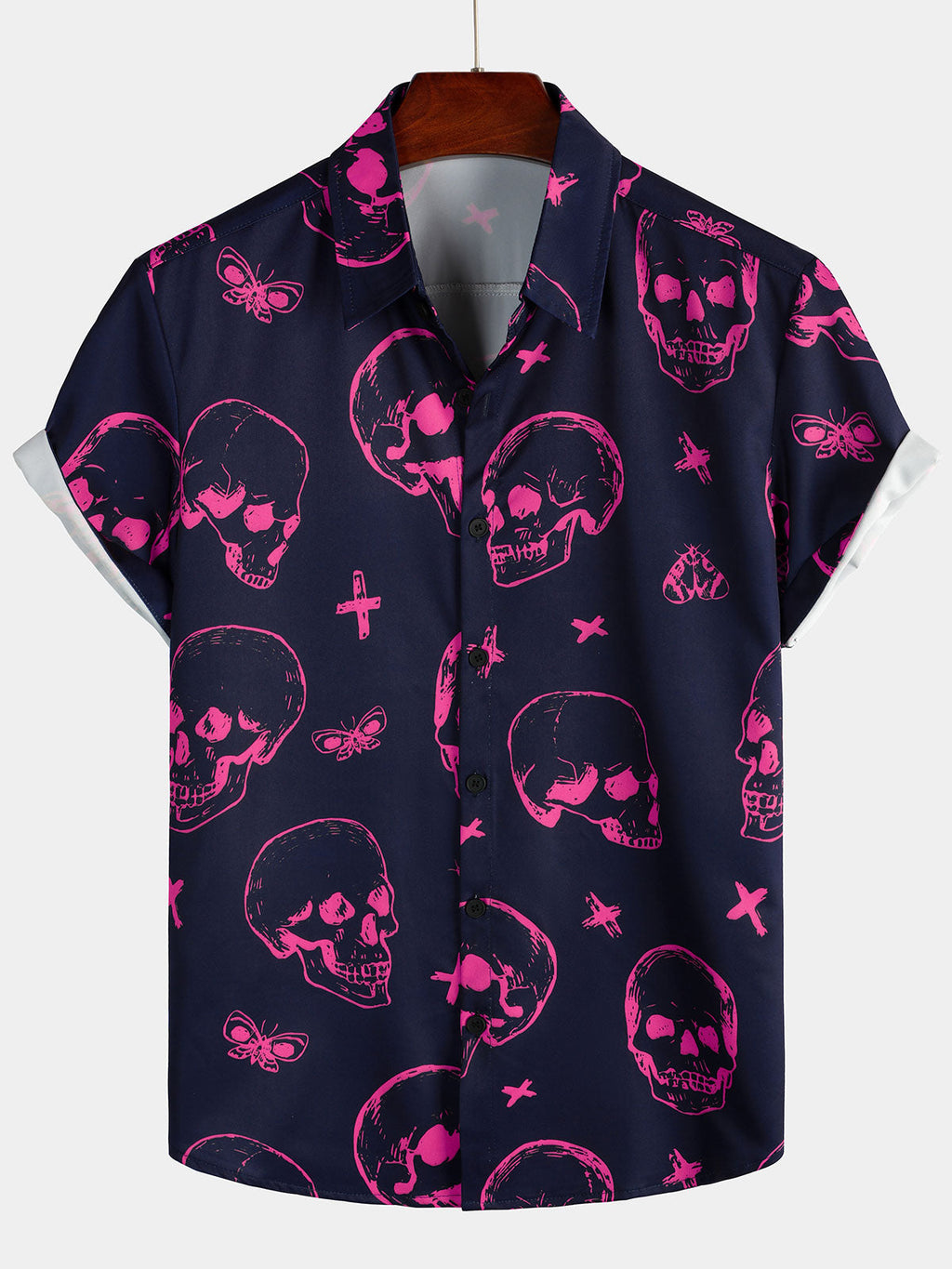 Chemise Aloha hawaïenne pour homme avec imprimé de tête de mort rose et boutons à manches courtes
