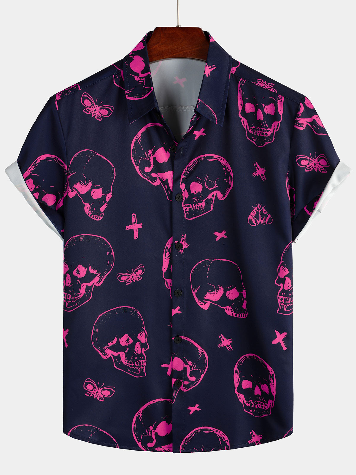 Chemise Aloha hawaïenne pour homme avec imprimé de tête de mort rose et boutons à manches courtes