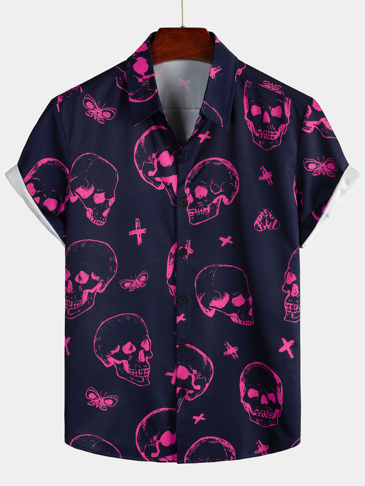 Chemise hawaïenne Aloha pour homme, motif tête de mort rose, boutonnée, manches courtes