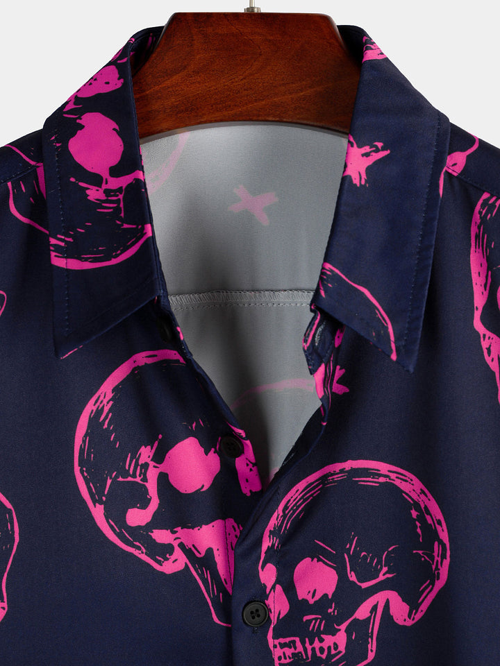 Chemise hawaïenne Aloha à manches courtes pour hommes, imprimé tête de mort rose, bouton graphique artistique