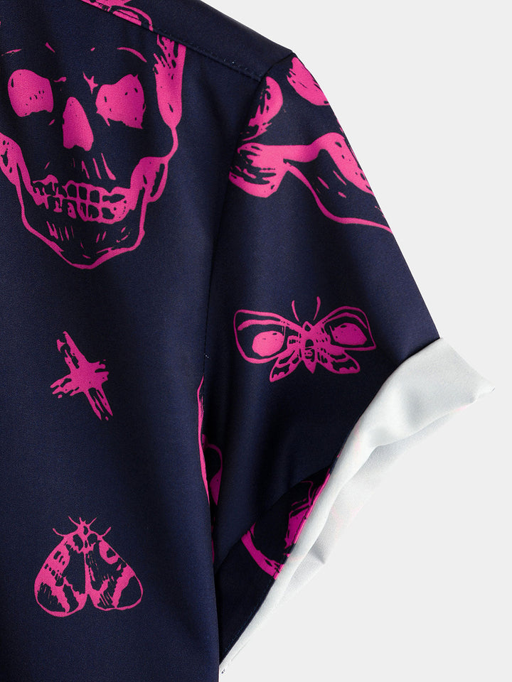 Chemise hawaïenne Aloha à manches courtes pour hommes, imprimé tête de mort rose, bouton graphique artistique