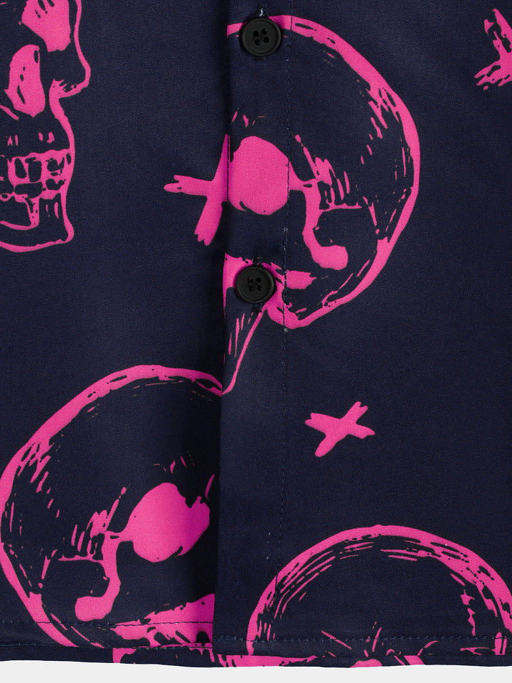Chemise hawaïenne Aloha à manches courtes pour hommes, imprimé tête de mort rose, bouton graphique artistique