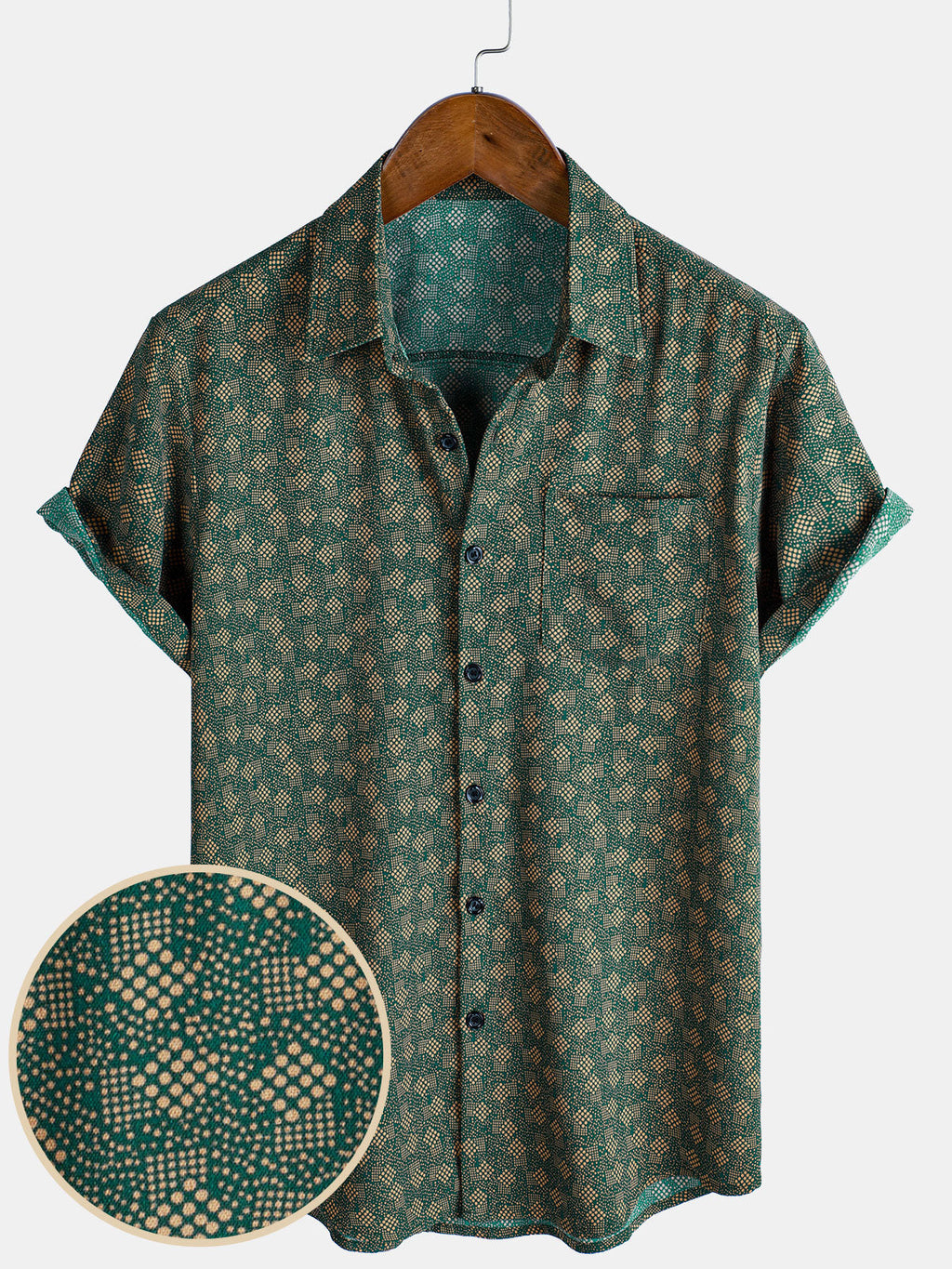 Chemise à manches courtes et poche verte à imprimé géométrique rétro pour homme