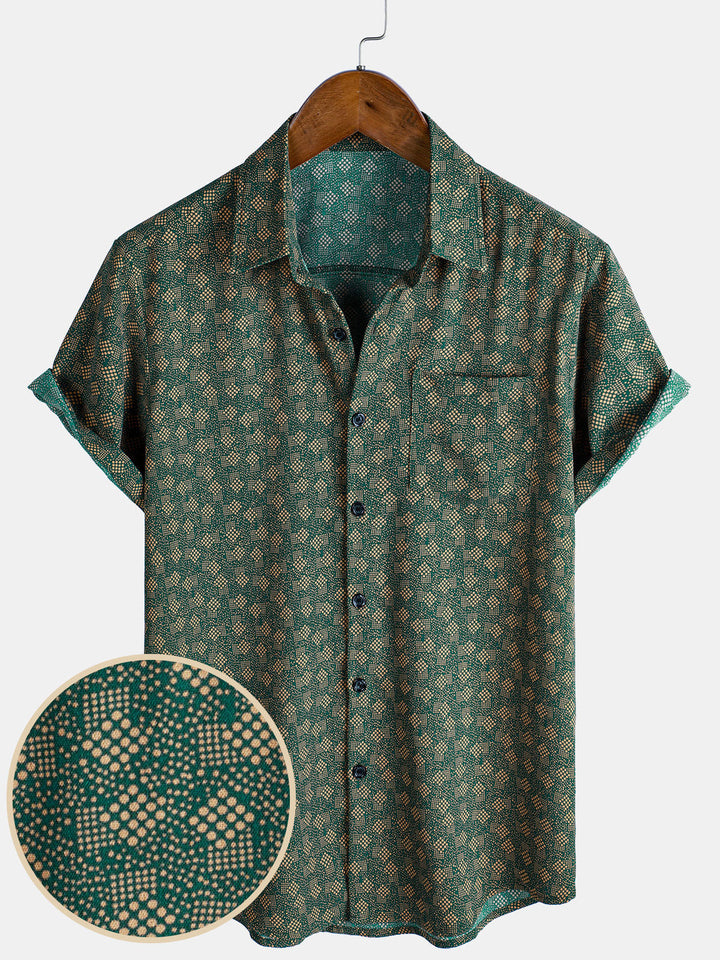 Chemise à manches courtes et poche verte à imprimé géométrique rétro pour homme