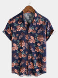 Chemise à manches courtes pour homme, motif floral rétro, bleu marine, pour les vacances d'été