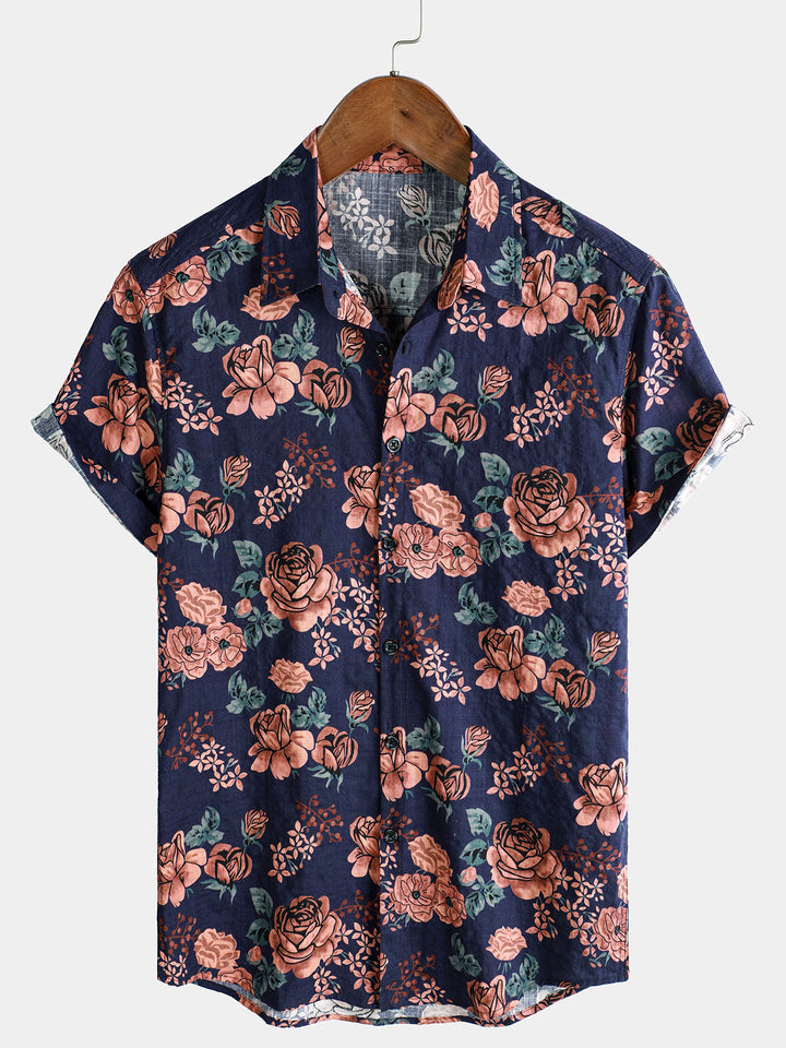 Chemise à manches courtes pour homme, motif floral rétro, bleu marine, pour les vacances d&