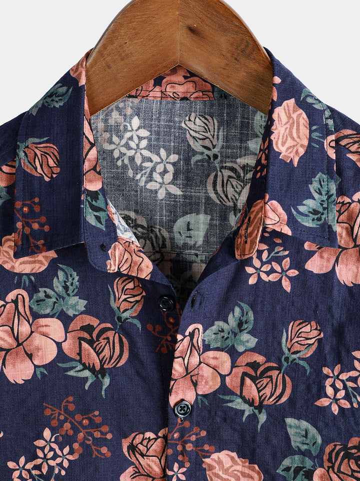 Chemise à manches courtes pour homme, motif floral rétro, bleu marine, pour les vacances d&