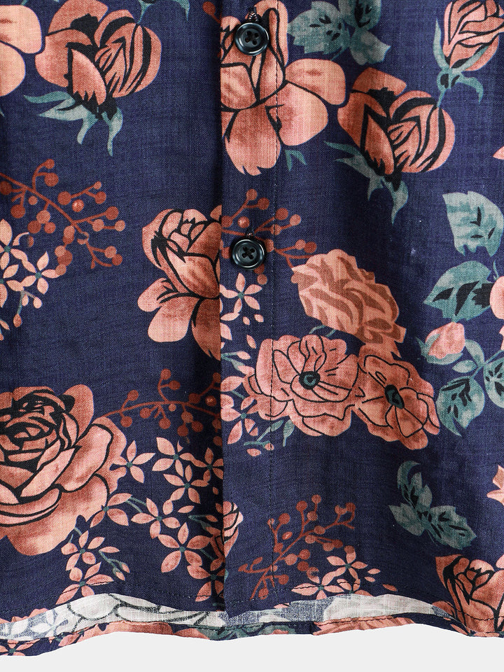 Chemise à manches courtes pour homme, motif floral rétro, bleu marine, pour les vacances d&
