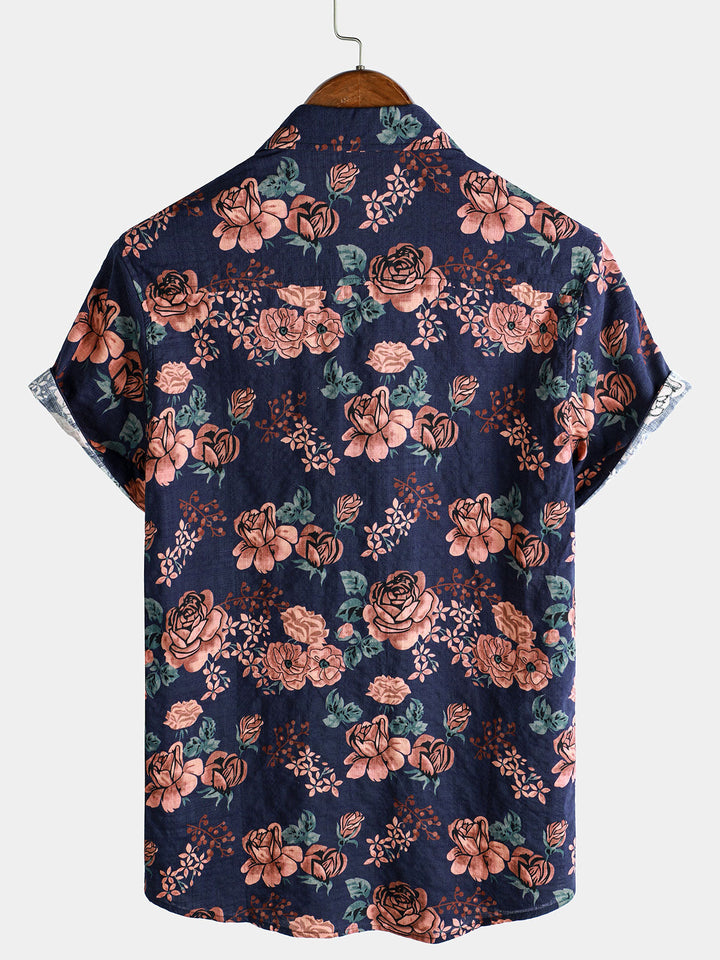 Chemise à manches courtes pour homme, motif floral rétro, bleu marine, pour les vacances d&