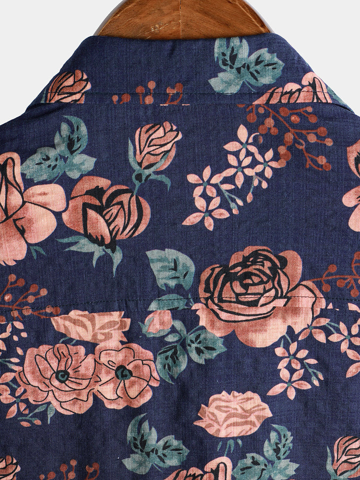 Chemise à manches courtes pour homme, motif floral rétro, bleu marine, pour les vacances d&