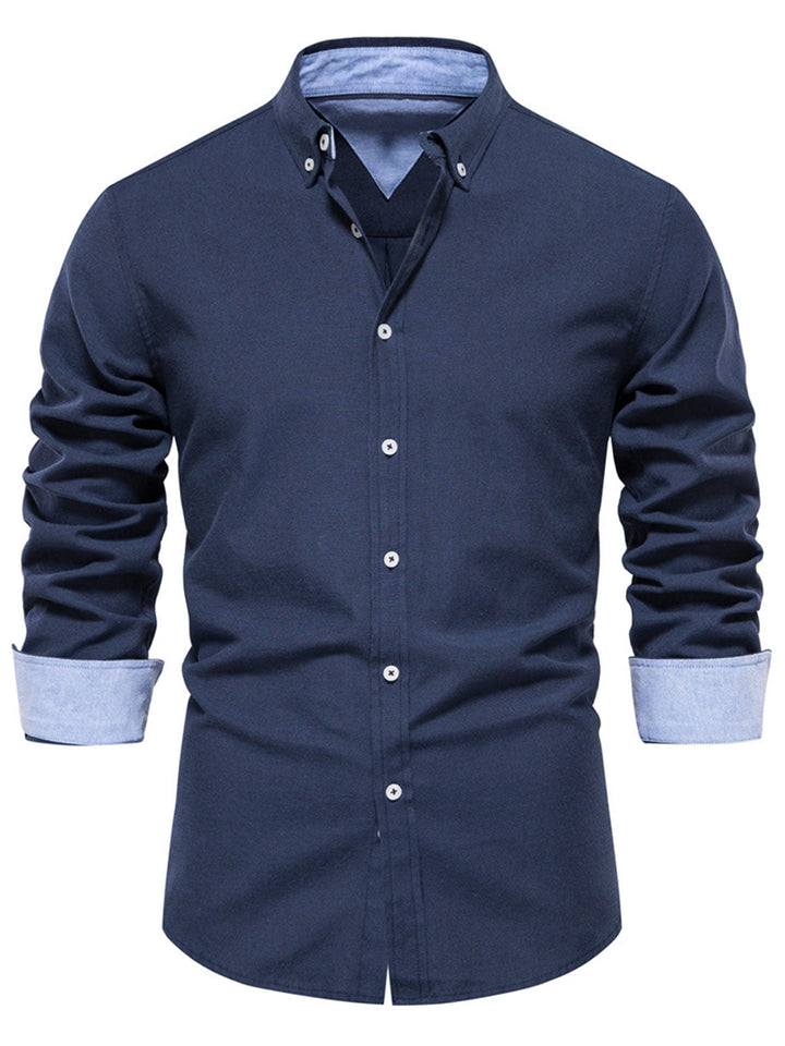 Chemise boutonnée à manches longues en coton respirant pour homme, couleur unie