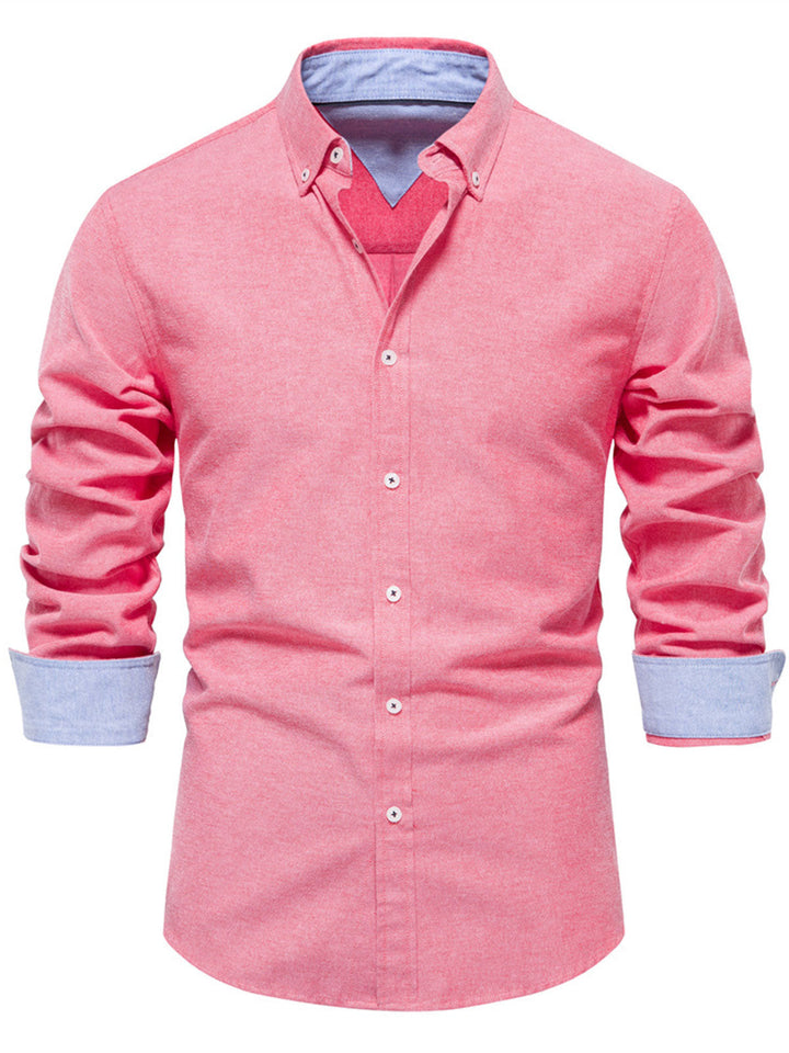 Chemise boutonnée à manches longues en coton respirant pour homme, couleur unie