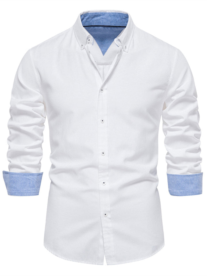 Chemise boutonnée à manches longues en coton respirant pour homme, couleur unie