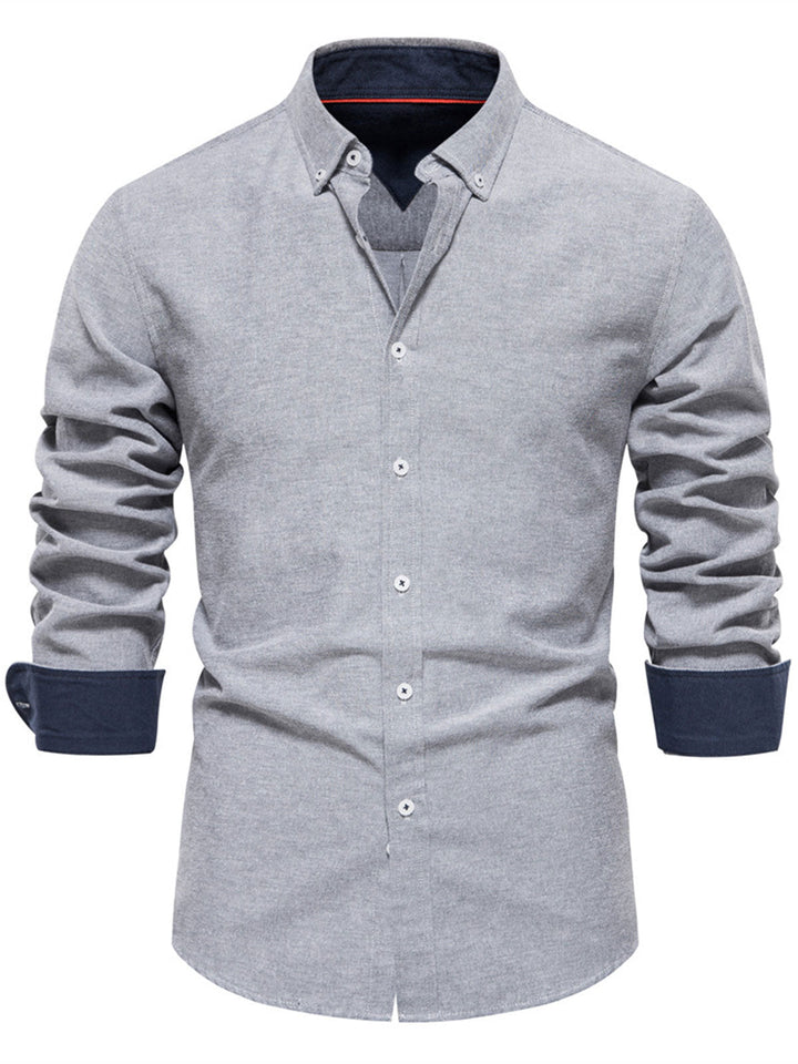 Chemise boutonnée à manches longues en coton respirant pour homme, couleur unie