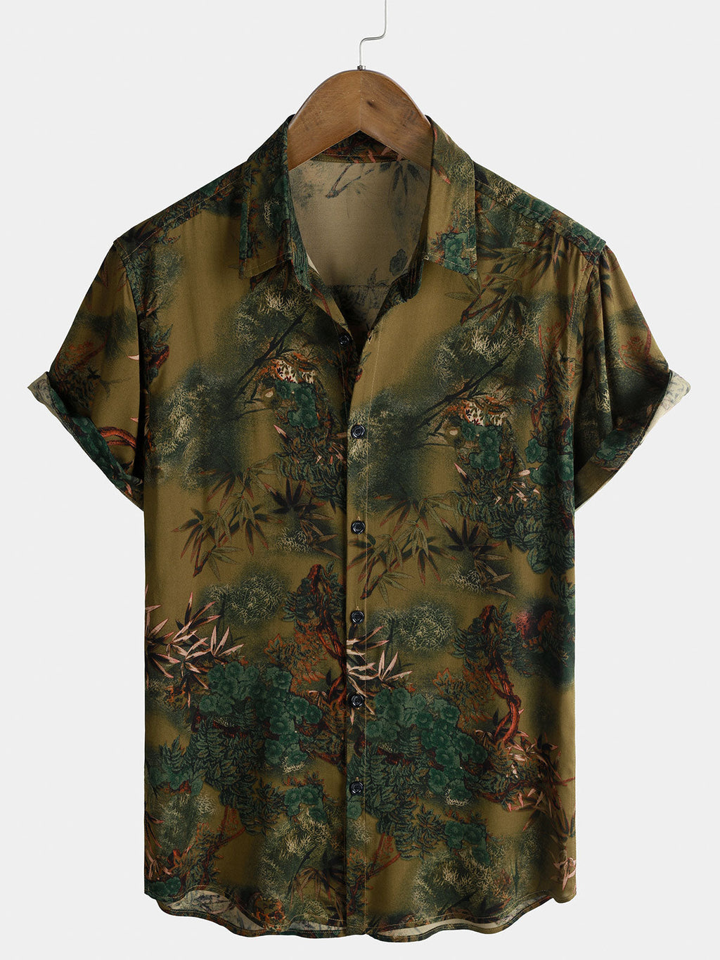 Chemise Homme de Vacances à Manches Courtes en Rayonne avec Imprimé Paysage Botanique