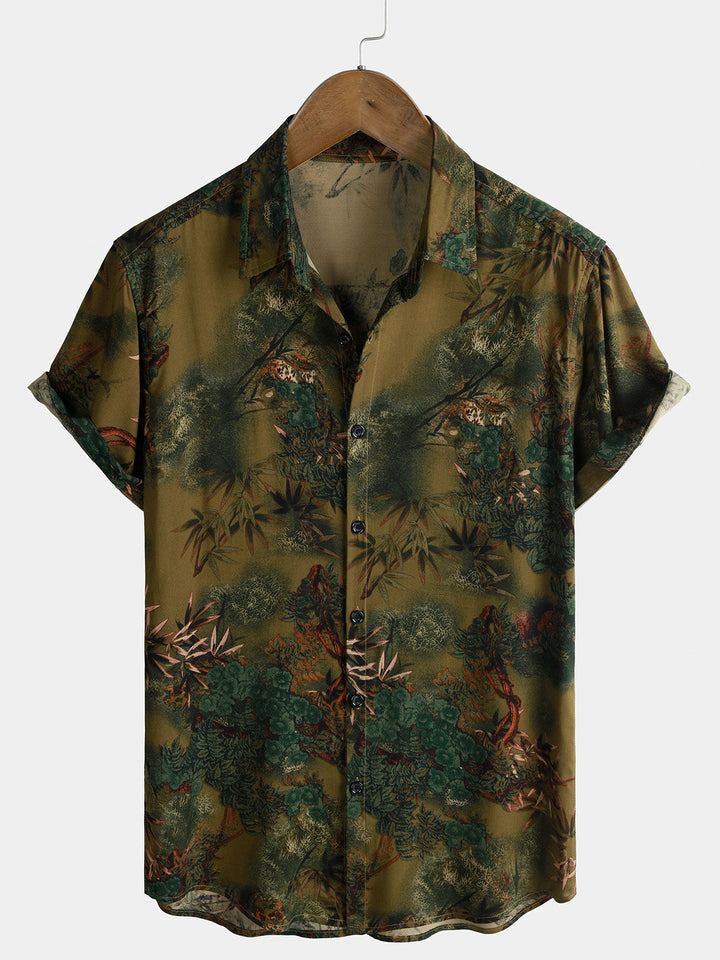 Chemise Homme de Vacances à Manches Courtes en Rayonne avec Imprimé Paysage Botanique