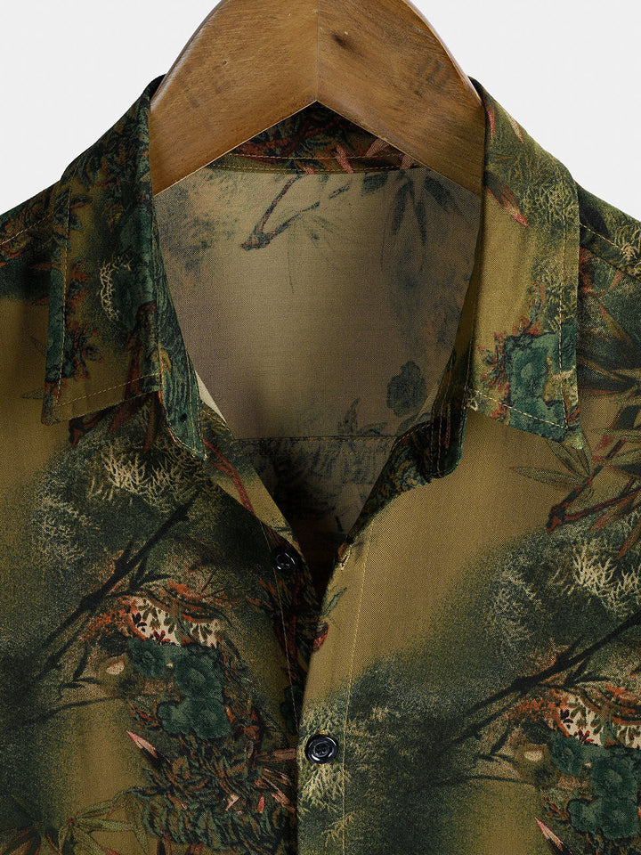 Chemise Homme de Vacances à Manches Courtes en Rayonne avec Imprimé Paysage Botanique