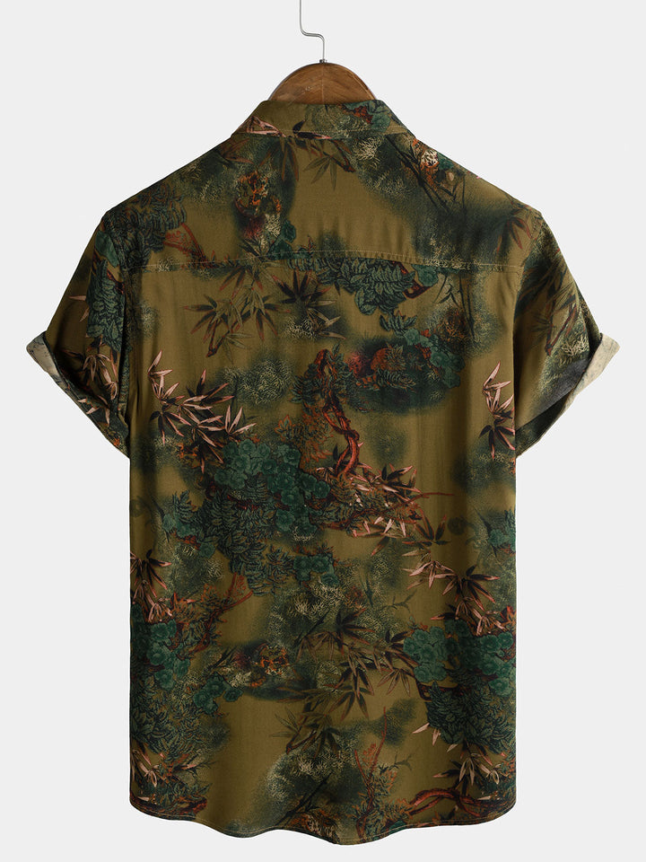Chemise Homme de Vacances à Manches Courtes en Rayonne avec Imprimé Paysage Botanique