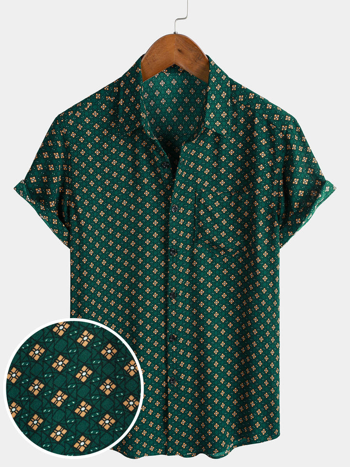 Chemise Homme Manches Courtes Bohème Décontractée à Motif Losanges Vert