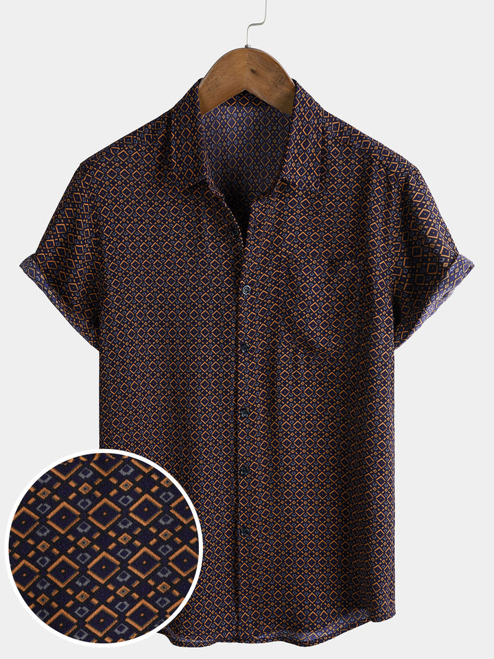 Chemise Homme Manches Courtes Bohème Décontractée à Imprimé Géométrique