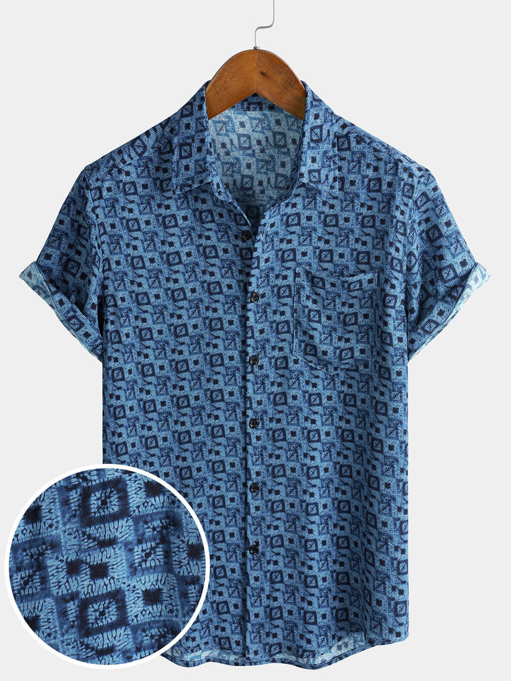 Chemise Homme Manches Courtes Bohème à Imprimé Géométrique Bleue