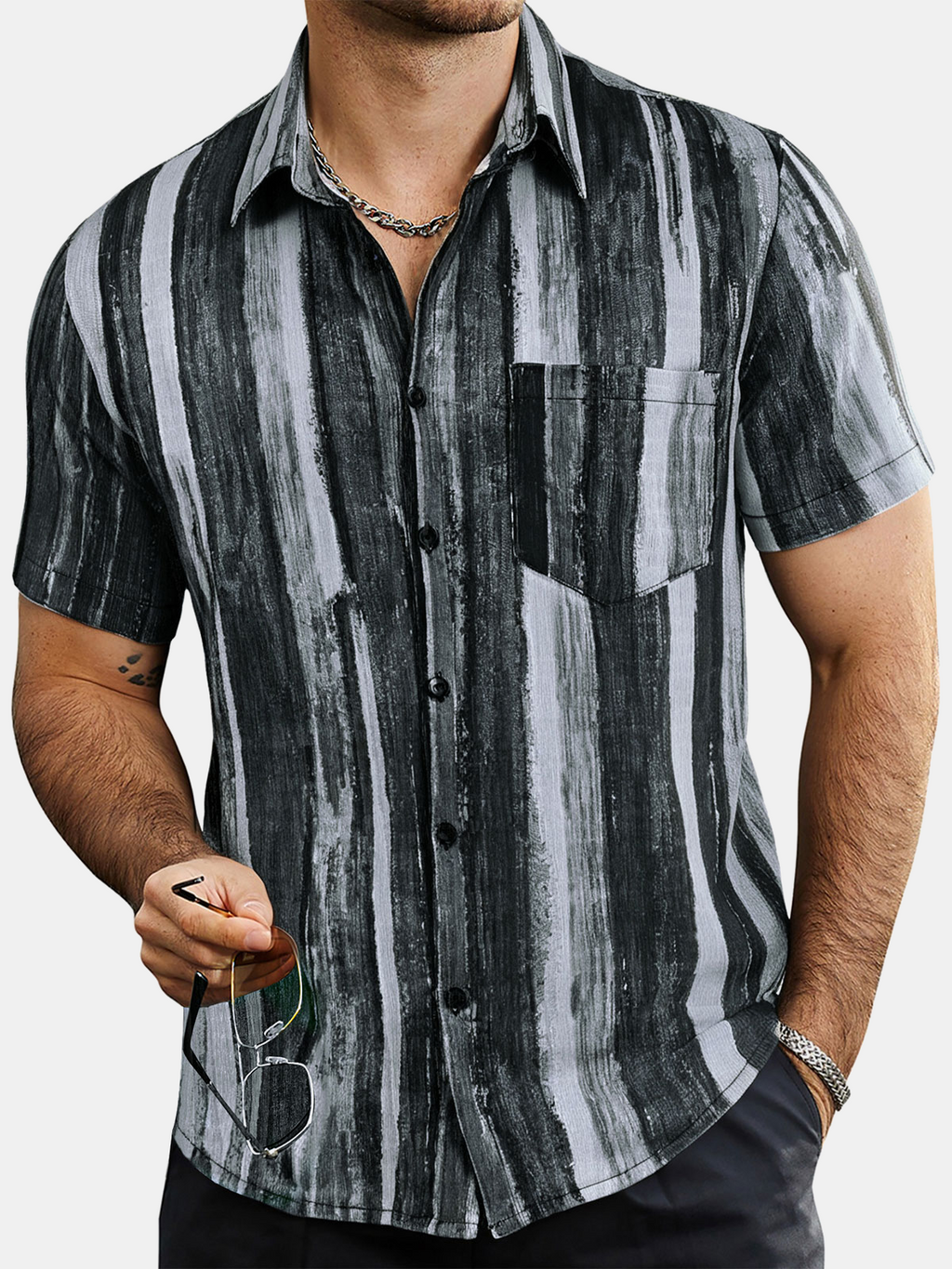 Chemise Hawaïenne Vintage Noire à Rayures pour Homme à Manches Courtes avec Boutons