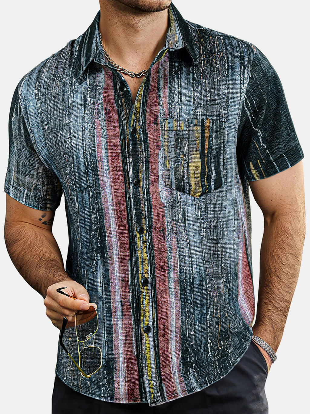 Chemise Hawaïenne Homme Verte Vintage à Rayures à Manches Courtes avec Boutons