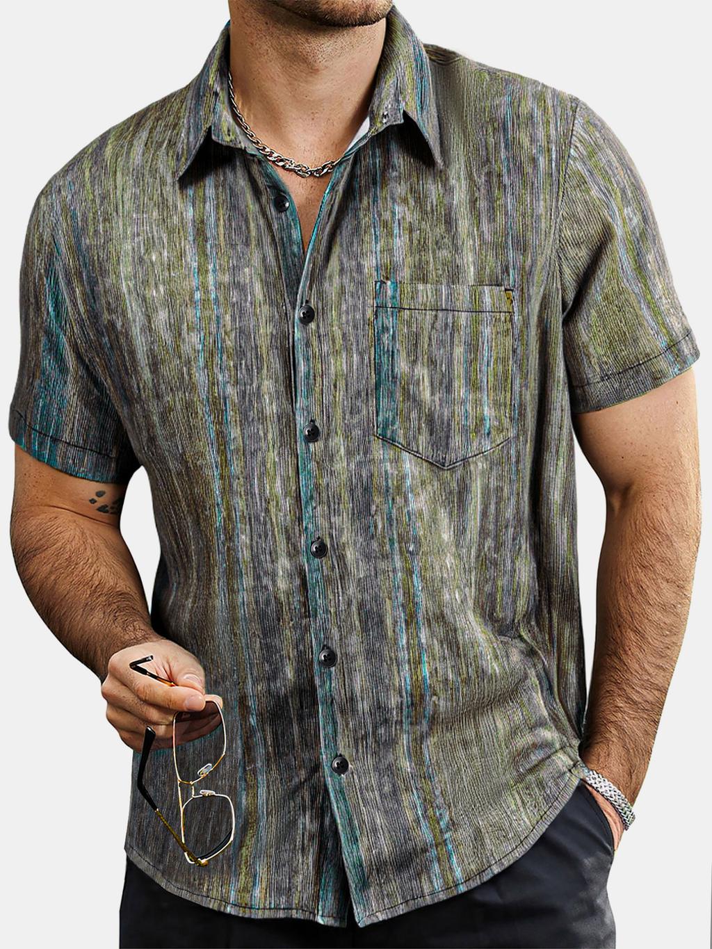 Chemise Hawaïenne Vintage Verte à Rayures pour Homme à Manches Courtes avec Boutons