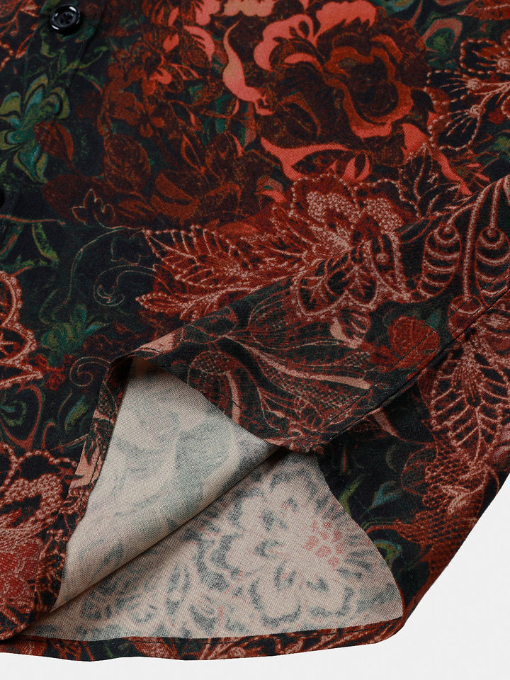 Chemise homme rouge à imprimé floral rétro en 100 % rayonne manches courtes esprit resort