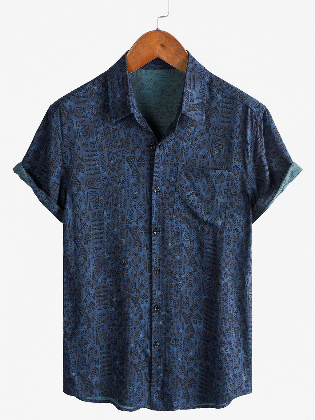 Chemise à Manches Courtes Boho Géométrique Tribale en Bleu Marine pour Homme