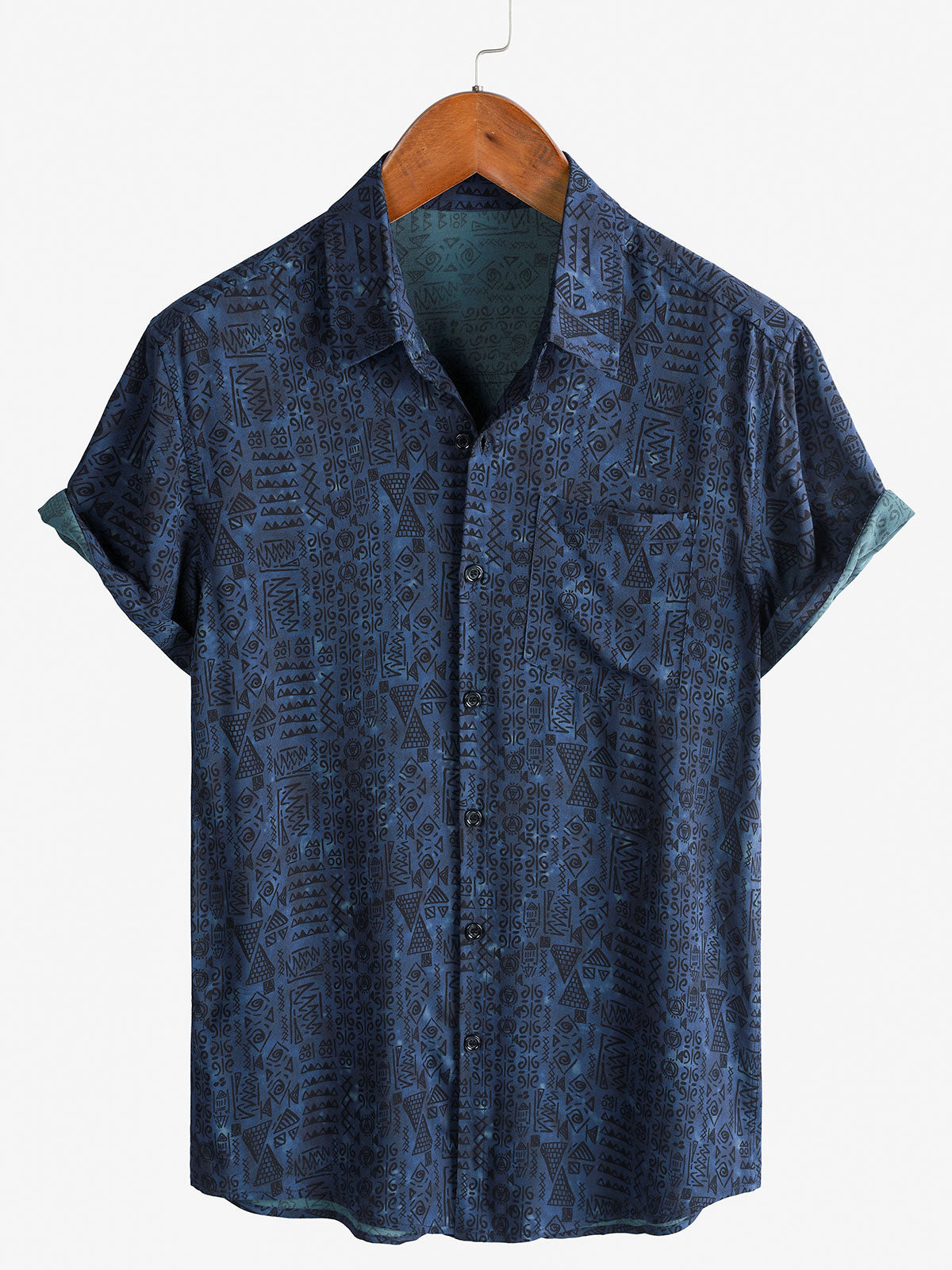 Chemise à Manches Courtes Boho Géométrique Tribale en Bleu Marine pour Homme