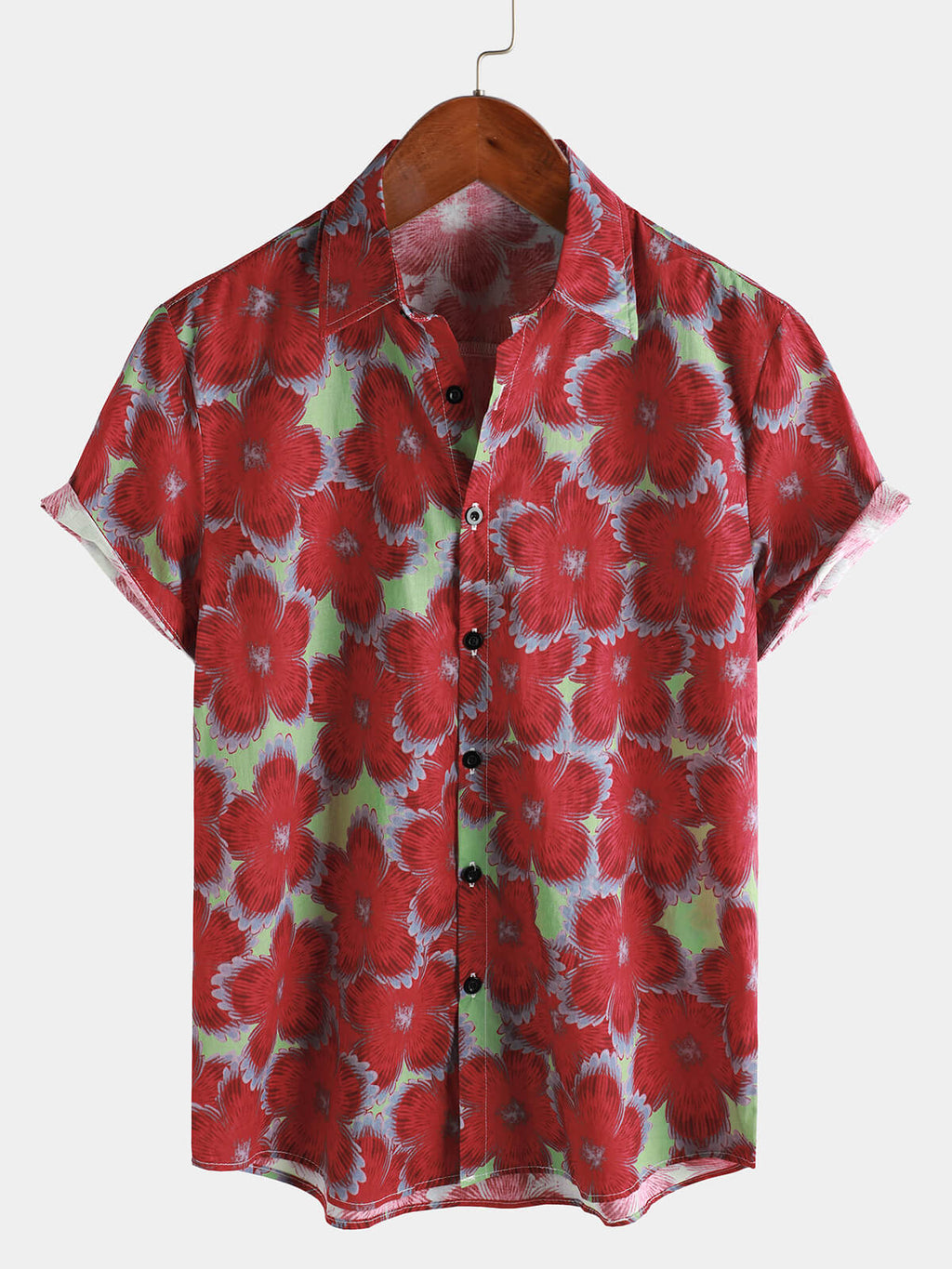Chemises hawaïennes à manches courtes et boutons pour hommes, 100% coton, motif floral rouge, pour la plage et l'été