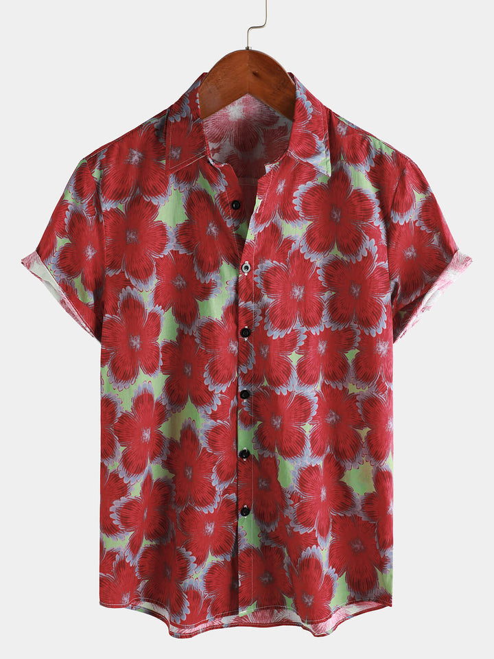 Chemises hawaïennes à manches courtes et boutons pour hommes, 100% coton, motif floral rouge, pour la plage et l&
