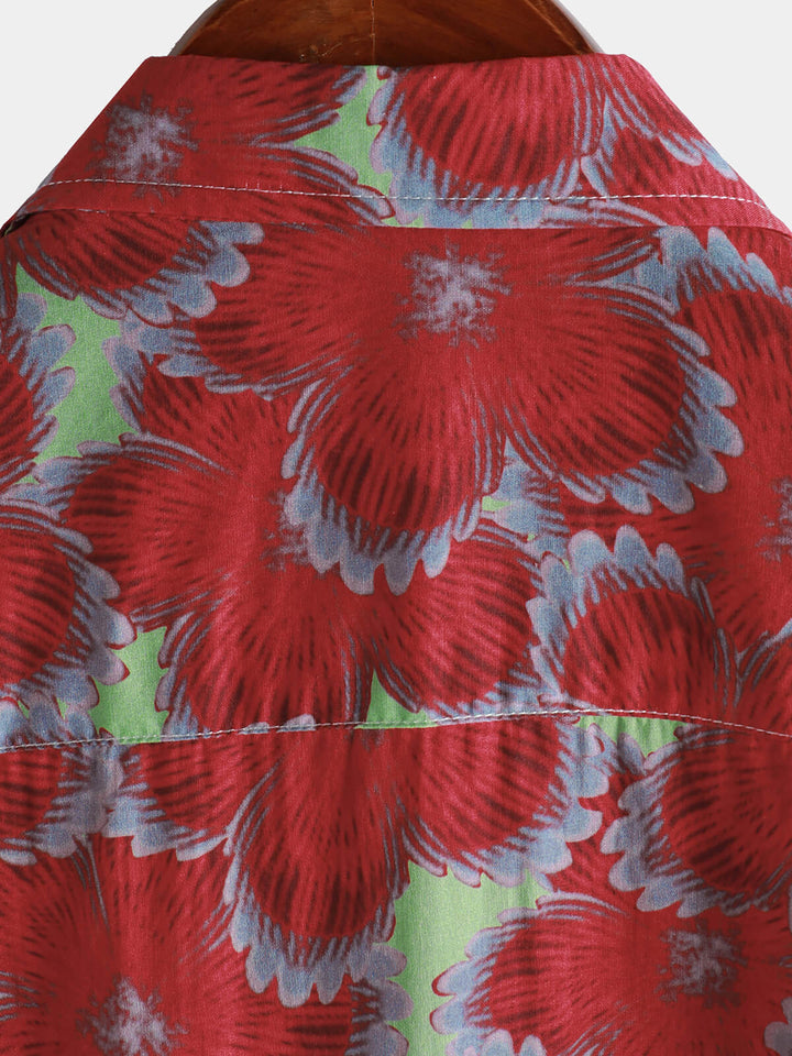 Chemises hawaïennes à manches courtes et boutons pour hommes, 100% coton, motif floral rouge, pour la plage et l&