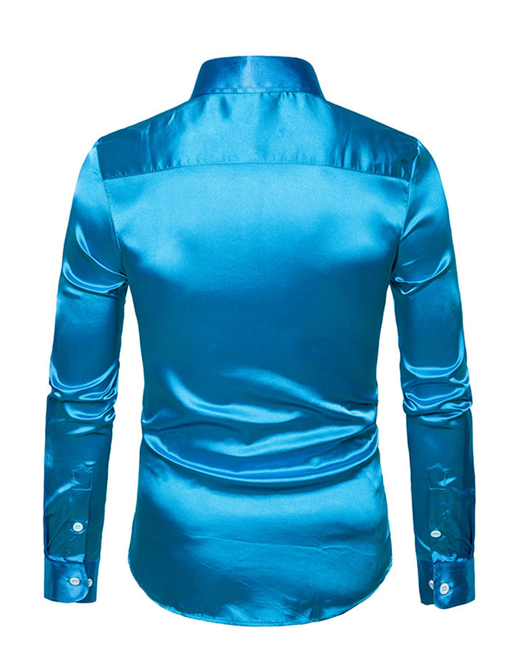 Chemise de soirée à manches longues en satin lisse boutonné pour homme