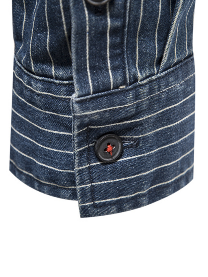 Chemise à manches longues en coton vintage avec poche à rayures en denim pour hommes