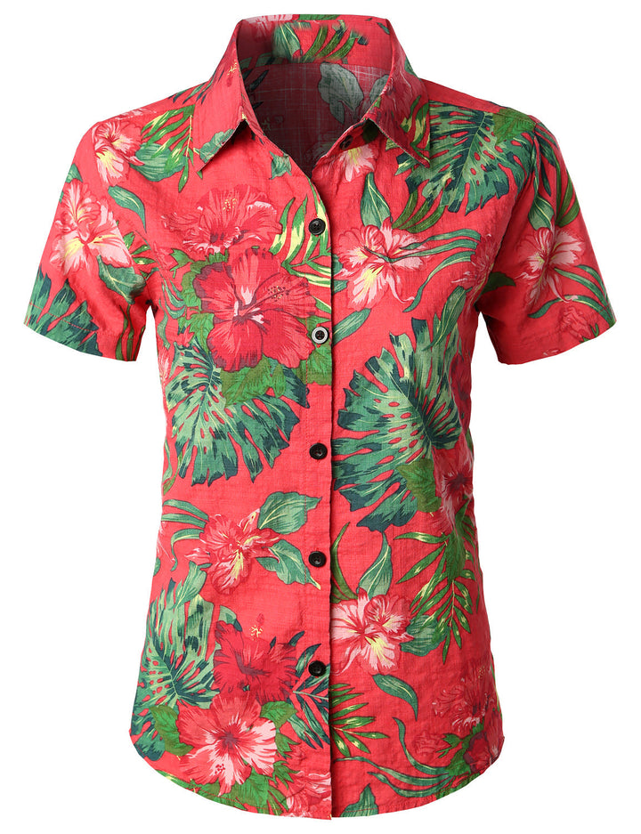 Chemisier respirant imprimé fleuri pour femme coton Aloha chemise hawaïenne rouge à manches courtes