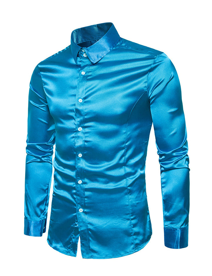 Chemise de soirée à manches longues en satin lisse boutonné pour homme