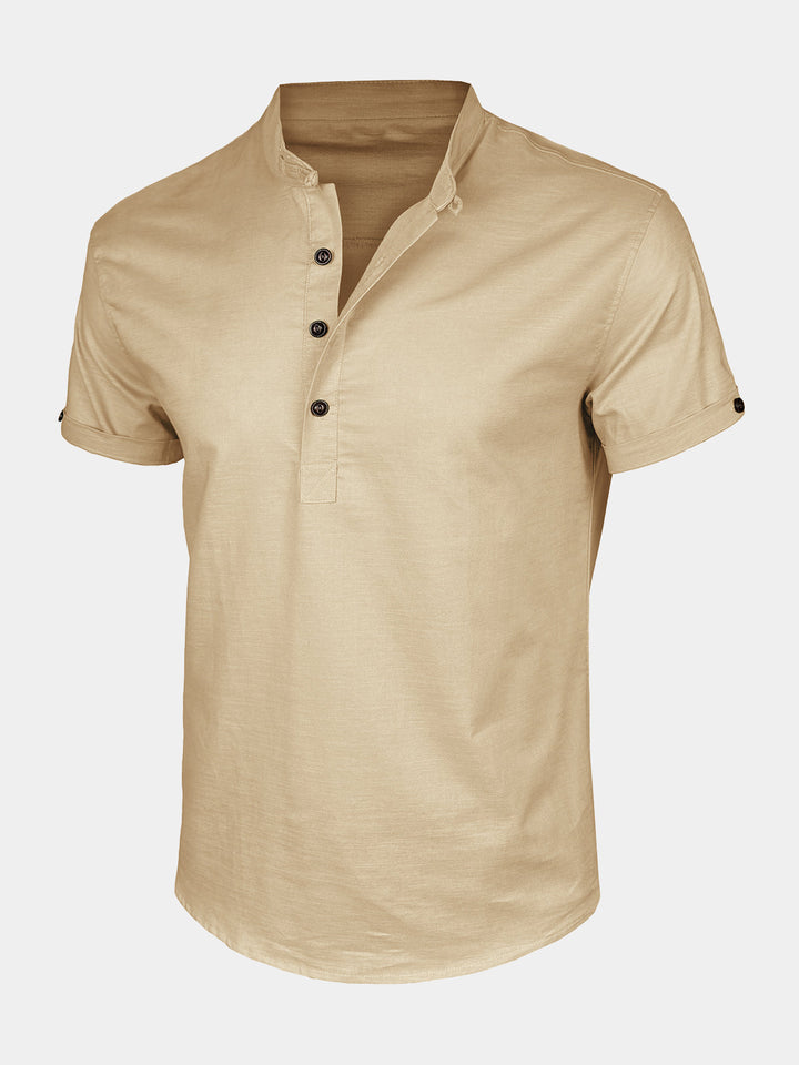 Chemise Homme Henley en Coton et Lin à Col Mao Manches Courtes